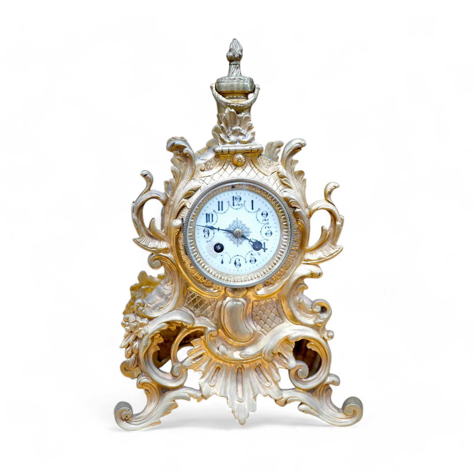 A late 19th century gilt bronze rococo style mantel clock, with pendulum, 38cm tall. Condition - fair, not tested